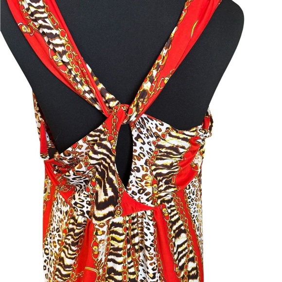 Women’s Maxi Dress Cut Out Gold Chain Lock Animal Print Red Mob Wife Large - Picture 4 of 11